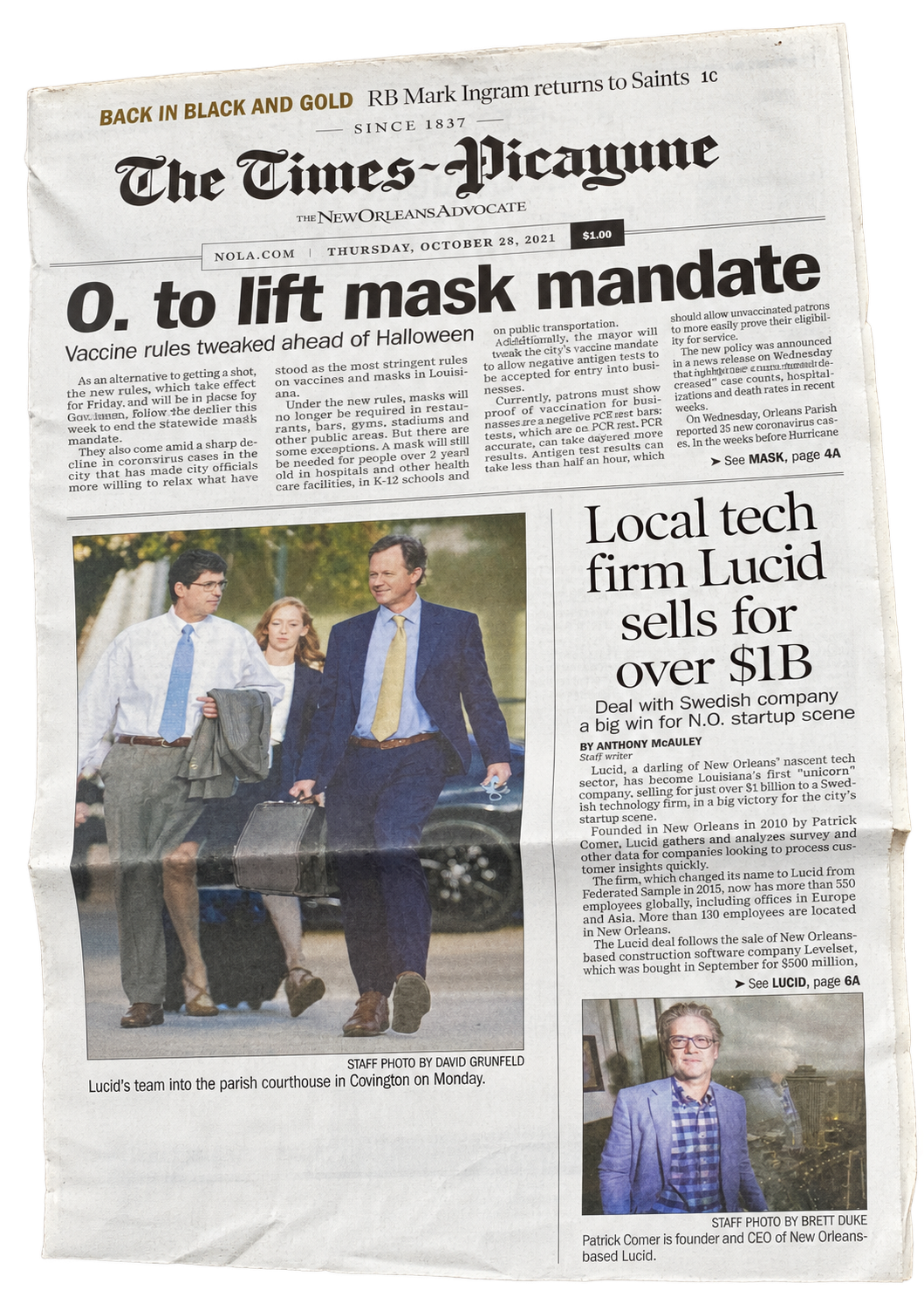 Transparent cutout of The Times-Picayune front page featuring the headline Local tech firm Lucid sells for over $1B and a photograph of founder Patrick Comer
