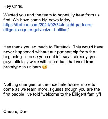Original email from Dan Zitting thanking Flatstack and describing a product that went from prototype to unicorn