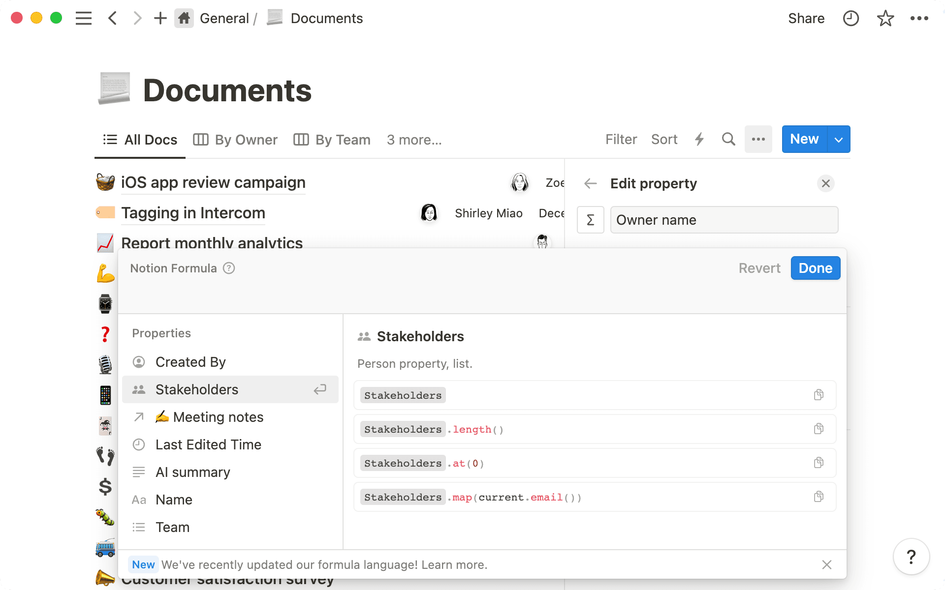 El editor de fórmulas de Notion incluye propiedades, funciones y más.