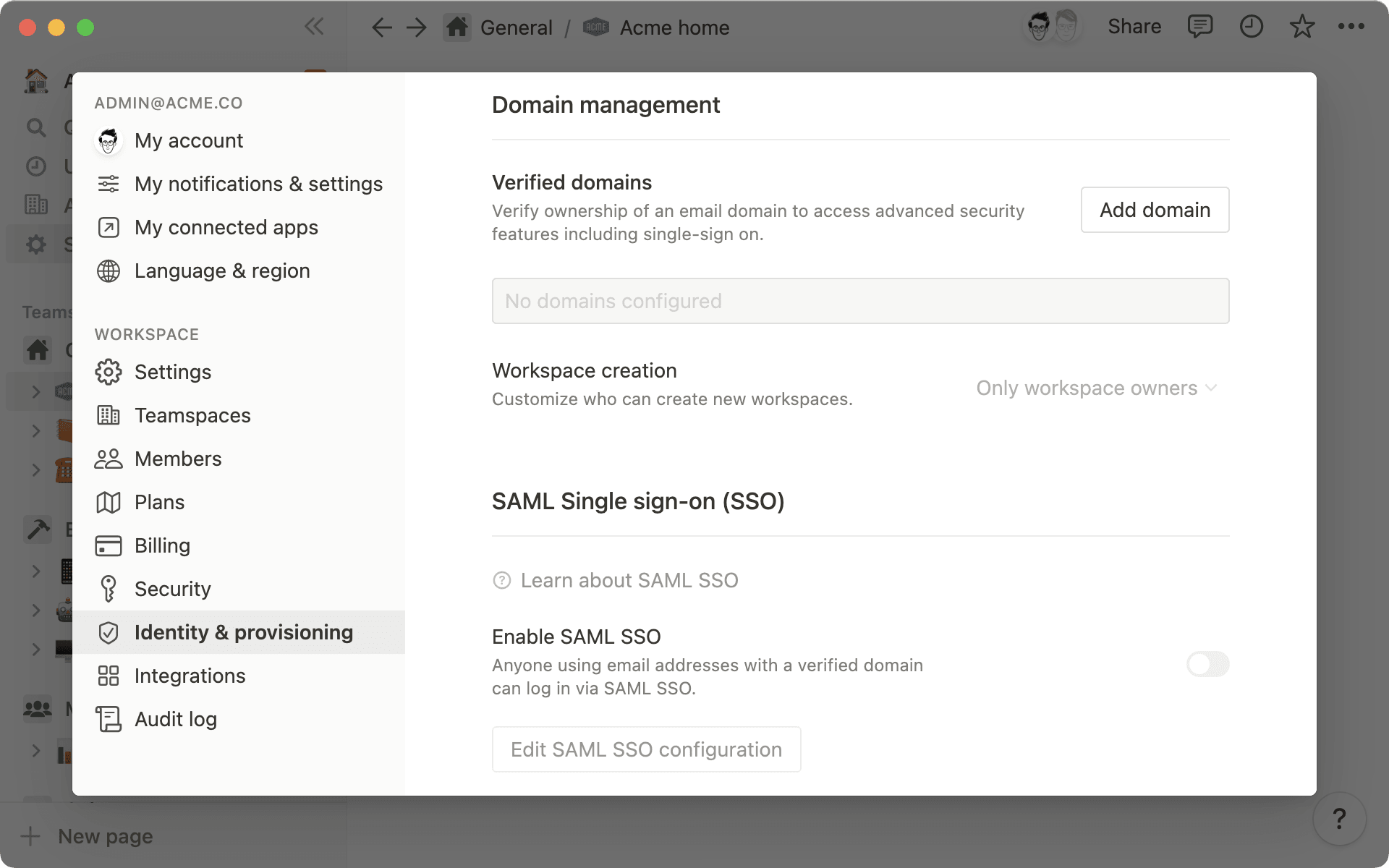 Capture d’écran des paramètres Notion montrant la configuration de la gestion de domaine et de l’authentification unique SSO SAML.