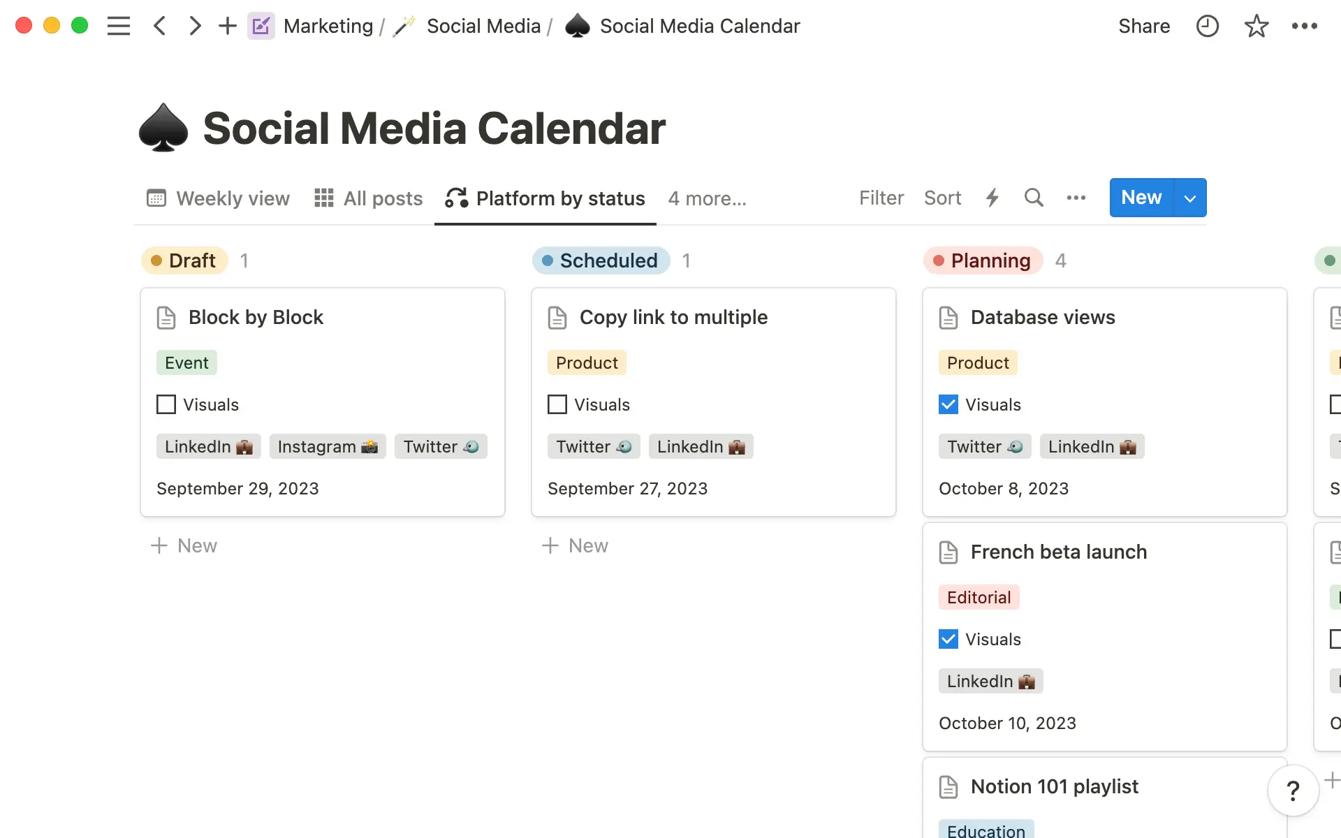 Una vista del calendario de redes sociales que muestra el estado y la plataforma de cada próxima publicación.