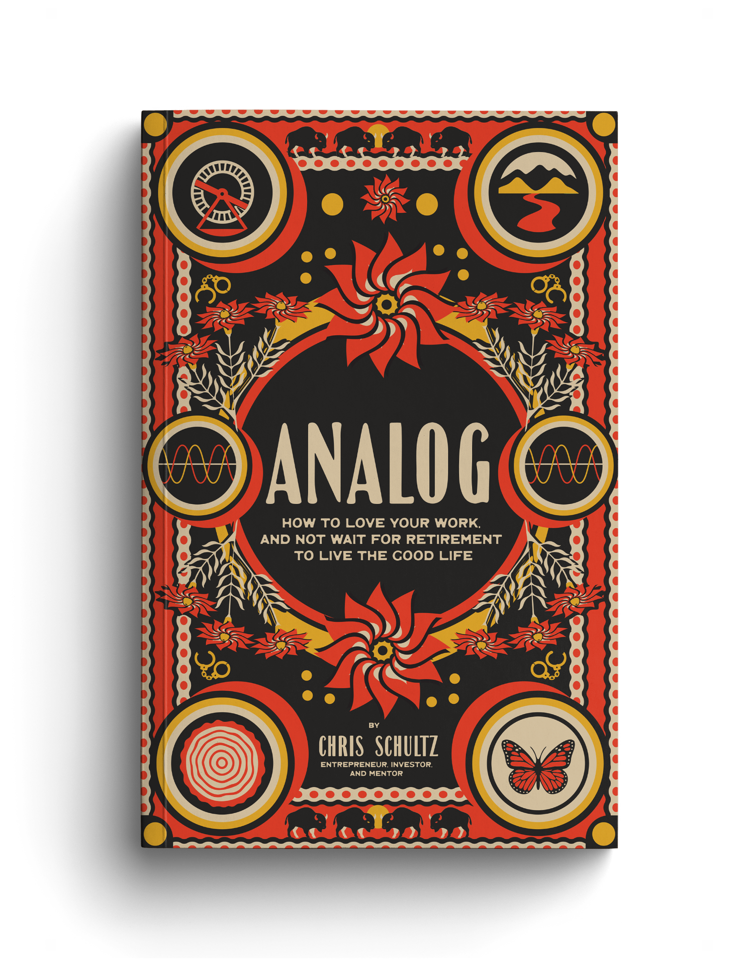 Cover of Analog by Chris Schultz — a bold folk-art illustration in red, mustard and charcoal with bison, mountains, a river and a butterfly framing the title